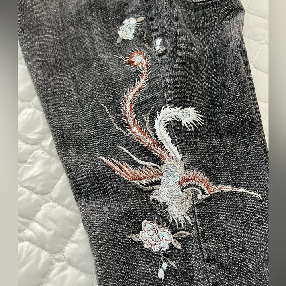 Phoenix Rising 16 W Womens Asian Inspired Y2K Boho Black Washed Worn Denim Jeans
